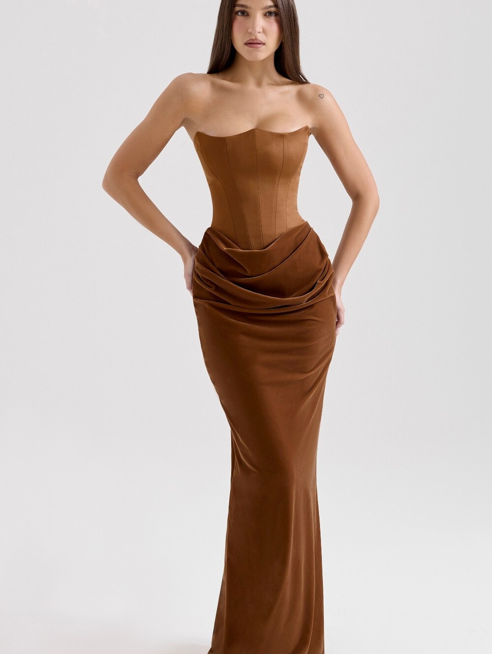 🎀House Of CB🎀 Persephone Coffee Velvet Corset Maxi Dress- Small PLUS CUP - Picture 3 of 9